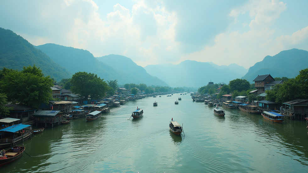 High angle view of Kampot river with boats and mountains in the background
