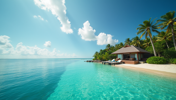 Eye-level view of a luxury villa overlooking turquoise sea on a Cambodian private island