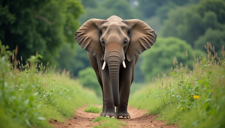 Eye-level view of an elephant walking peacefully through a lush Cambodian sanctuary