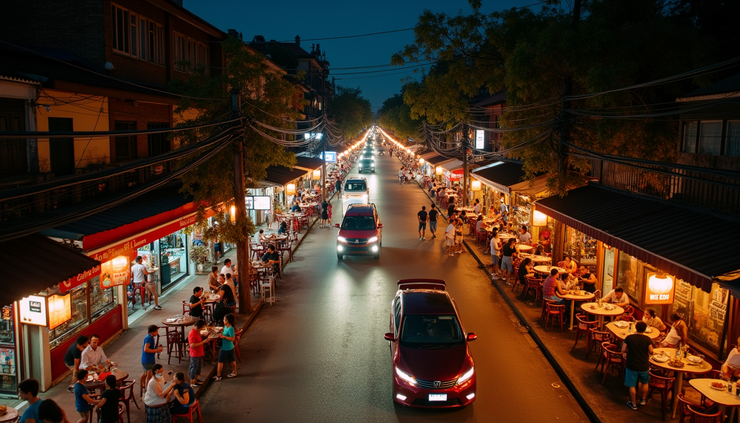 High angle view of lively Pub Street with colorful lights and crowds