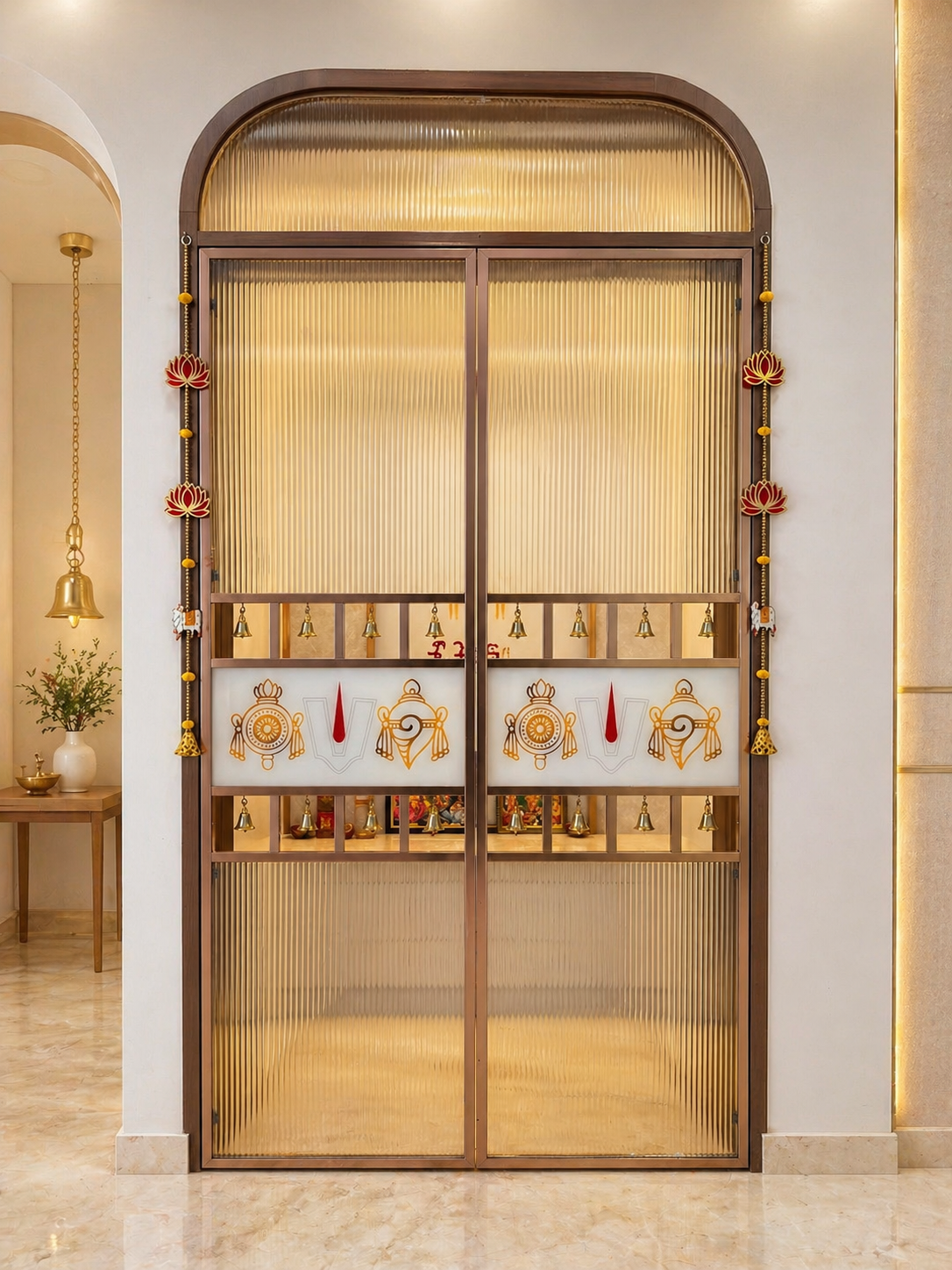 Premium Pooja Room Glass Door with Rose Gold Aluminium Frame
