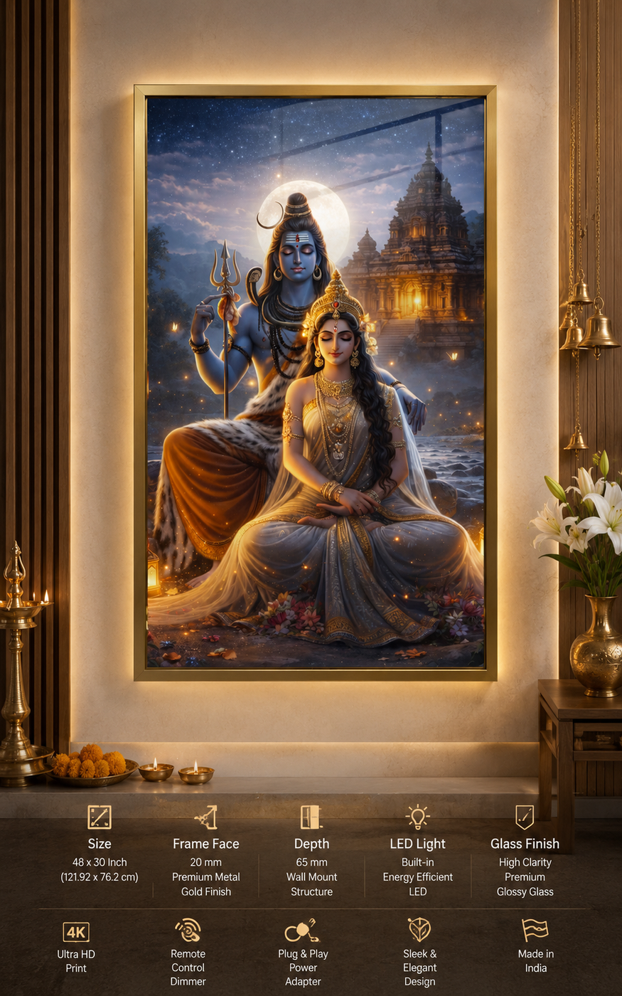 Lord Shiva & Parvathi Devi LED Glass Frame front view
