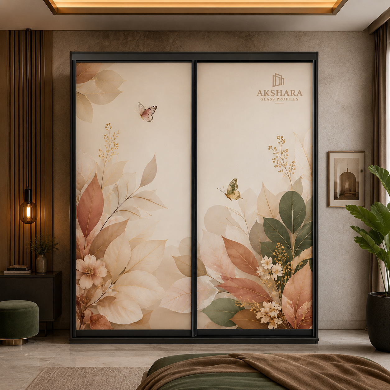 AGP Signature 2-Door Sliding Glass Wardrobe – Ivory Botanical Butterfly