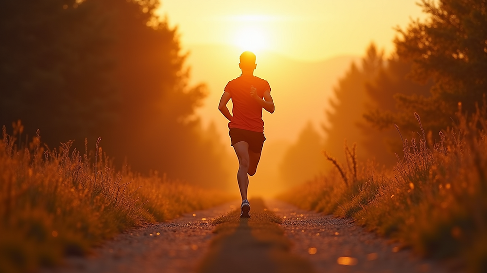Eye-level view of a runner stretching on a trail at sunrise