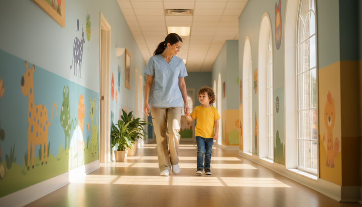 Wide-angle view of a caregiver and child walking calmly down a sunny clinic hallway