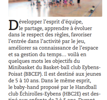 L'Ecole Francaise de Mini Basket (EFMB) à l'honneur dans le journal d'Eybens