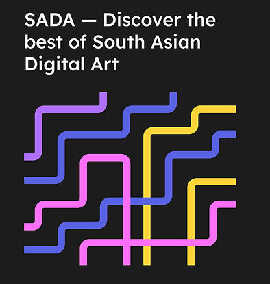 Text reads "SADA — Discover the best of South Asian Digital Art" over colorful abstract lines on a black background.