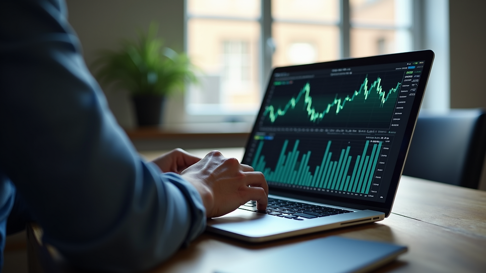 Eye-level view of a person analyzing financial charts on a laptop