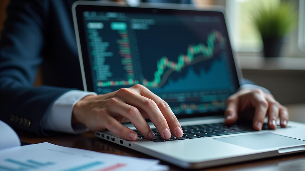 Eye-level view of a person analyzing financial charts on a laptop