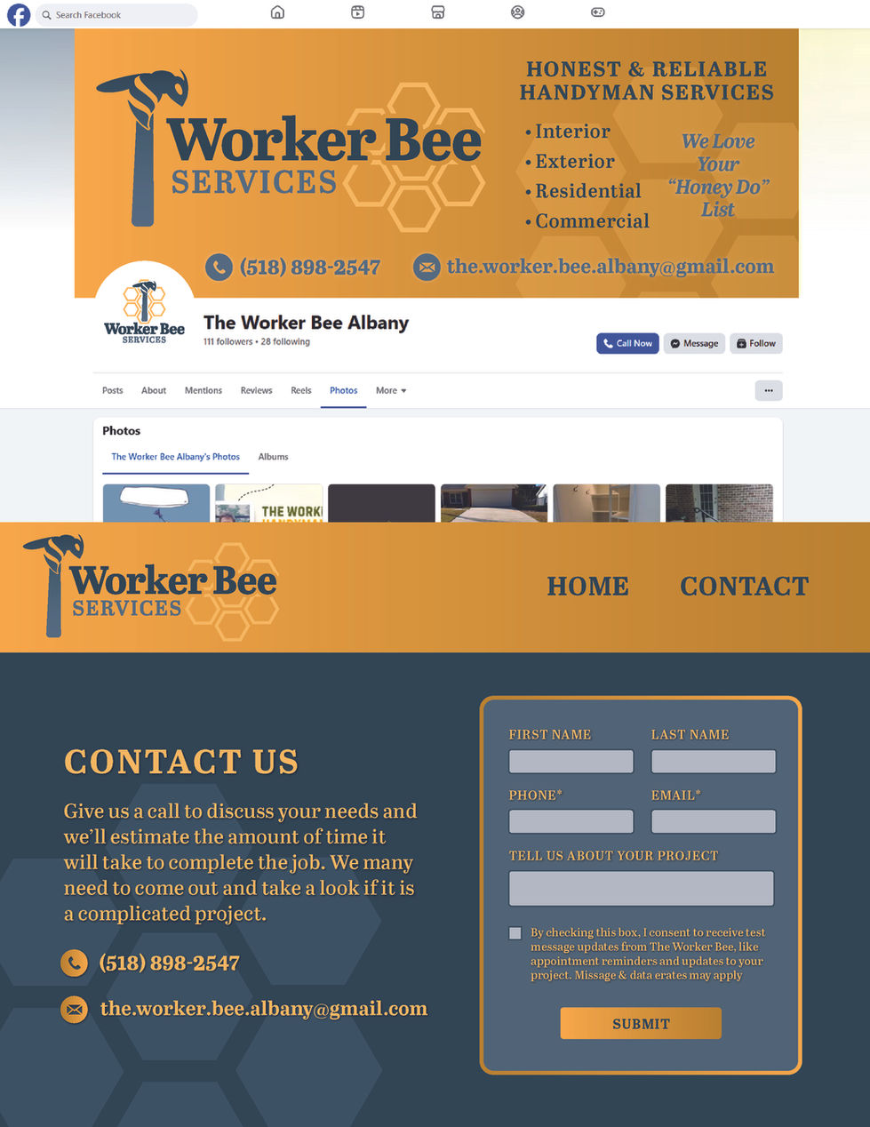 Teal and yellow Facebook banner image design of handyman services with  a website mockup of a contact us page