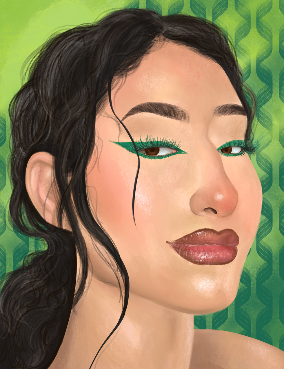 Digital illustration of a woman with green eyeliner and a green spiral patterned background.