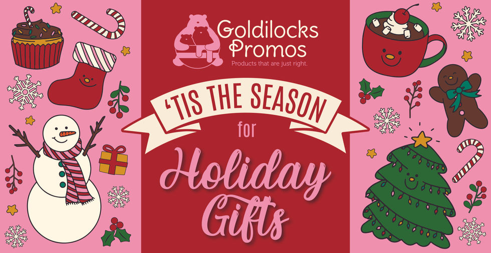 "Tis the Season for Holiday Gifts" banner with illustrated Christmas elements placed around. 