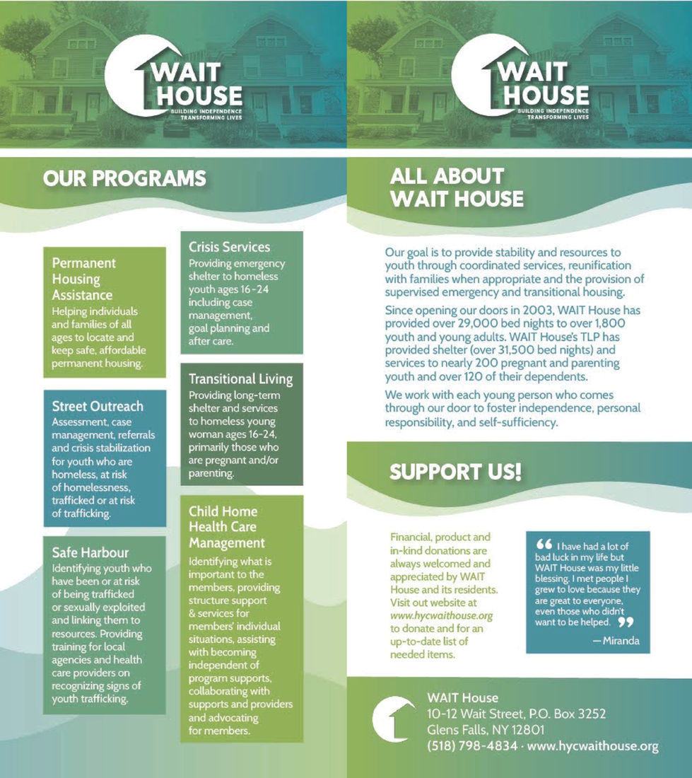 Brochure design in teal and green describing programs, an about me section and way to support the organization.