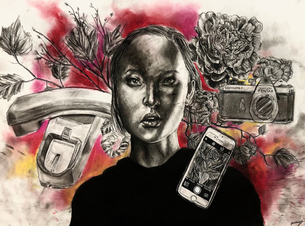 Drawn charcoal woman in center with iphone, landline telephone, old camera and flowers surrounding her. Bursts of pastel shades of red, pink and yellow are coming from behind her and the items.