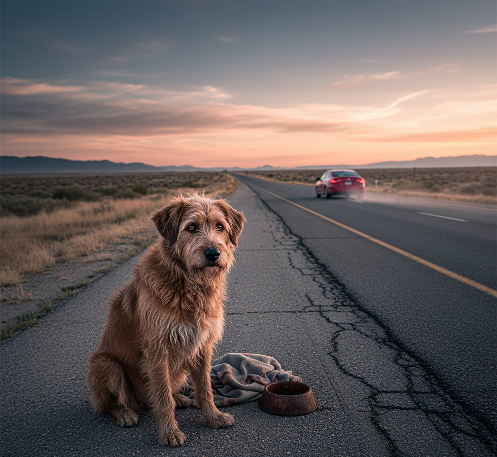 Um cachorro vira-lata de pelagem longa e marrom senta-se tristemente no acostamento rachado de uma estrada deserta durante o pôr do sol. Ao seu lado, há uma manta velha e uma tigela de comida vazia, enquanto um carro vermelho se afasta ao fundo, sugerindo uma cena de abandono em uma paisagem árida com montanhas distantes.