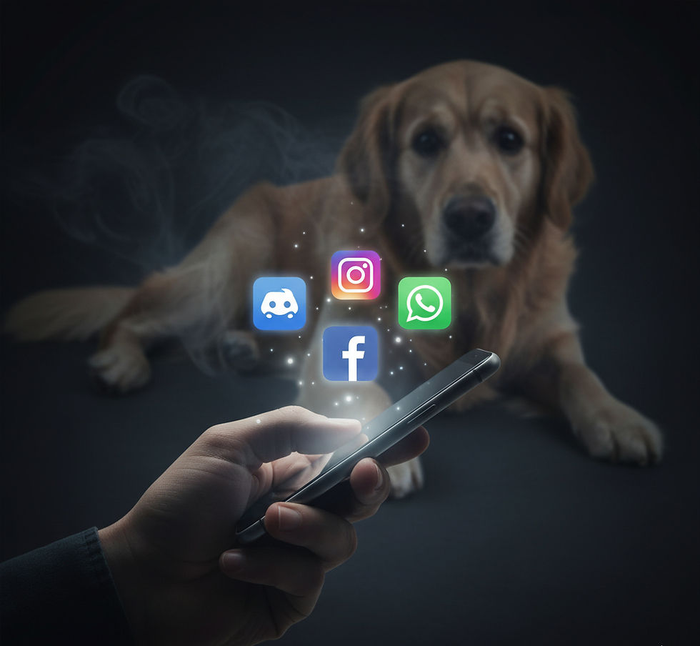Uma mão em primeiro plano segura um smartphone preto na horizontal, do qual flutuam quatro ícones brilhantes de redes sociais iluminados por partículas de luz: Discord, Instagram, WhatsApp e Facebook. Ao fundo, de forma suavemente desfocada sobre um fundo escuro com uma leve fumaça, um cachorro da raça Golden Retriever está deitado e observa a cena com um olhar atento e expressivo.