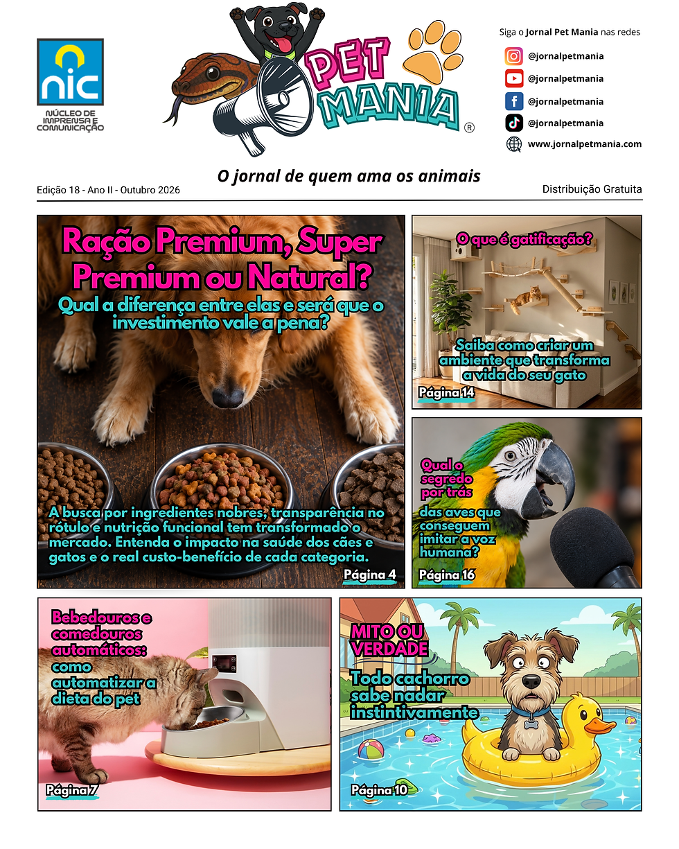 Capa da Edição 18 do Jornal Pet Mania, destacando matérias sobre alimentação de pets com a imagem de um cachorro olhando para tigelas de ração. Ao lado e abaixo, pequenas chamadas com fotos de gatos e uma arara tratam de gatificação, aves falantes, comedouros automáticos e natação para cães.