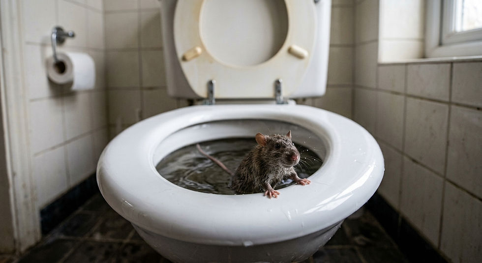 Rato cinza de pelo molhado saindo de dentro da água de um vaso sanitário aberto em um banheiro.