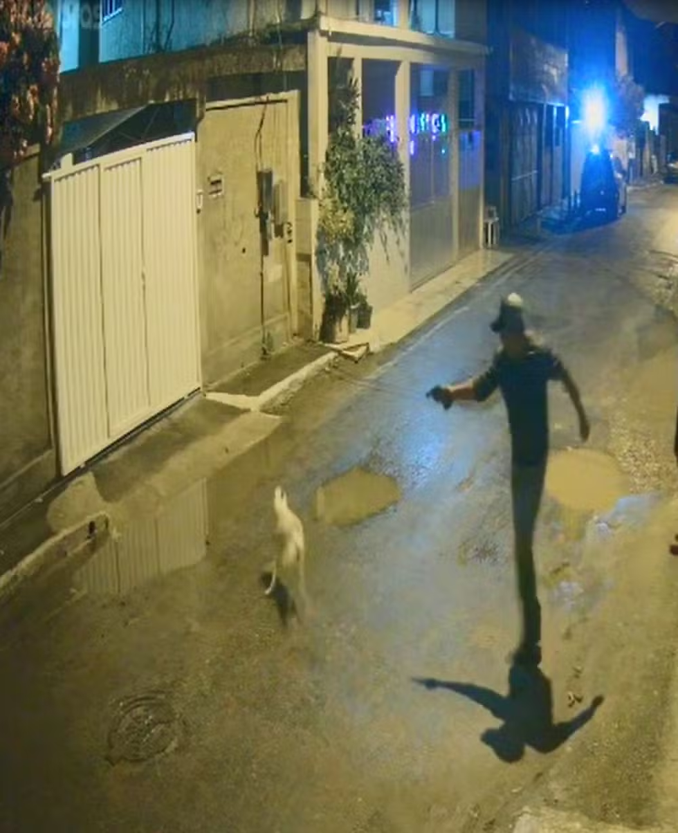 Imagem de uma câmera de segurança noturna mostrando uma rua residencial estreita e asfaltada. Em primeiro plano, um homem vestindo roupas escuras e boné estende o braço direito segurando uma arma de fogo na direção de um pequeno cachorro branco na rua. O reflexo das poças de água no chão e uma viatura policial com luzes azuis piscando ao fundo completam a cena.