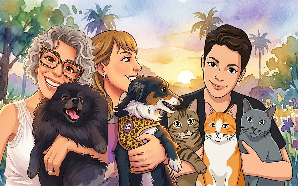 Uma ilustração digital em estilo aquarela retrata três pessoas sorridentes cercadas por seus animais de estimação durante o pôr do sol em uma paisagem tropical com palmeiras. À esquerda, uma mulher de cabelos cacheados e grisalhos, usando óculos de estampa de oncinha, segura um cãozinho Spitz Alemão preto peludo. No centro, uma mulher loira de perfil segura um cachorro da raça Pastor Australiano que veste um colete de oncinha. À direita, um jovem de cabelos curtos escuros segura três gatos juntos: um listrado (tabby), um amarelo e branco, e um cinza de olhos verdes.