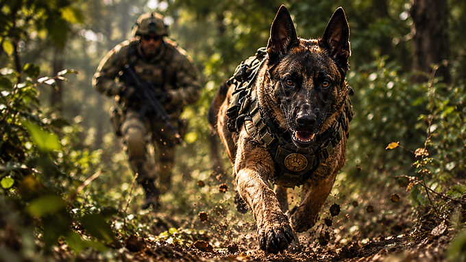 Um pastor-alemão de pelagem escura corre em alta velocidade em direção à câmera em uma floresta. O cão veste um colete tático militar com um selo redondo no peito. Ao fundo, um soldado com farda camuflada, capacete e óculos escuros corre segurando um fuzil, com o cenário levemente desfocado.