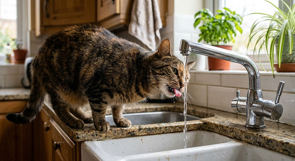 Um gato malhado está empoleirado na borda de granito de uma pia de cozinha. O felino aparece inclinado para a frente, com a boca aberta e a língua rosa estendida para lamber o filete de água corrente que cai diretamente de uma torneira metálica cromada de duplo comando. O plano de fundo mostra o ambiente interno de uma cozinha residencial iluminada, com armários de madeira, uma cuba dupla embutida e vasos com plantas verdes na janela ao fundo.