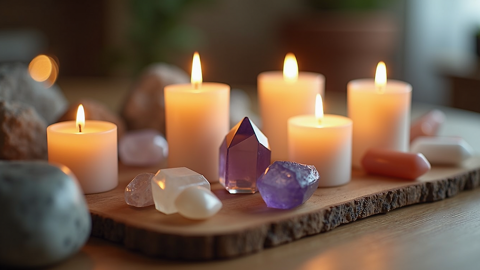 Close-up view of healing crystals and candles arranged on a wooden table