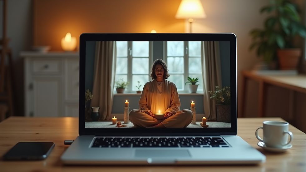 Eye-level view of a laptop screen displaying a virtual spiritual workshop