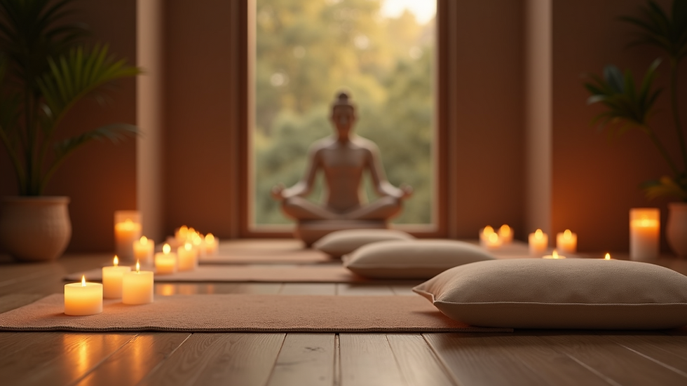 Eye-level view of a serene meditation space with candles and cushions
