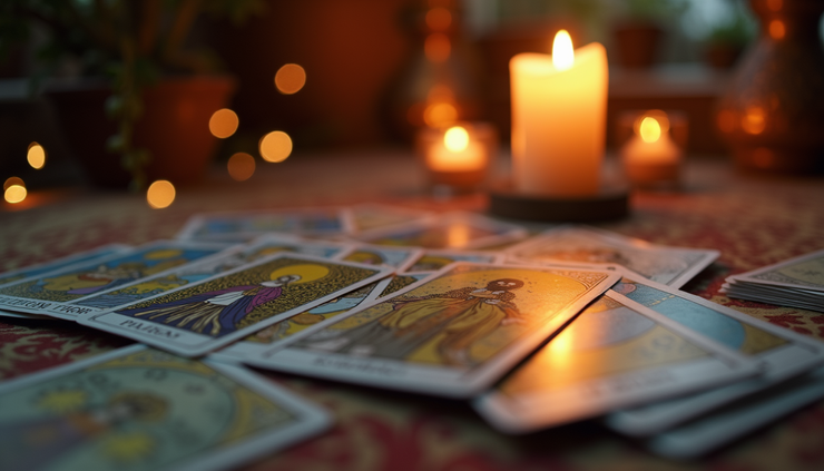 Close-up view of tarot cards spread out on a table with soft candlelight