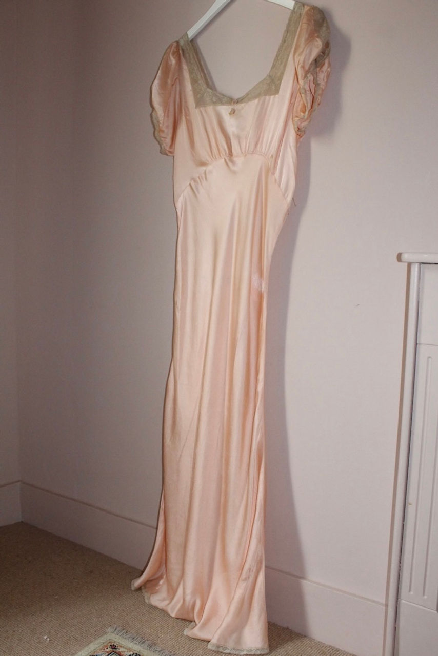 1930s pink satin bias cut dress