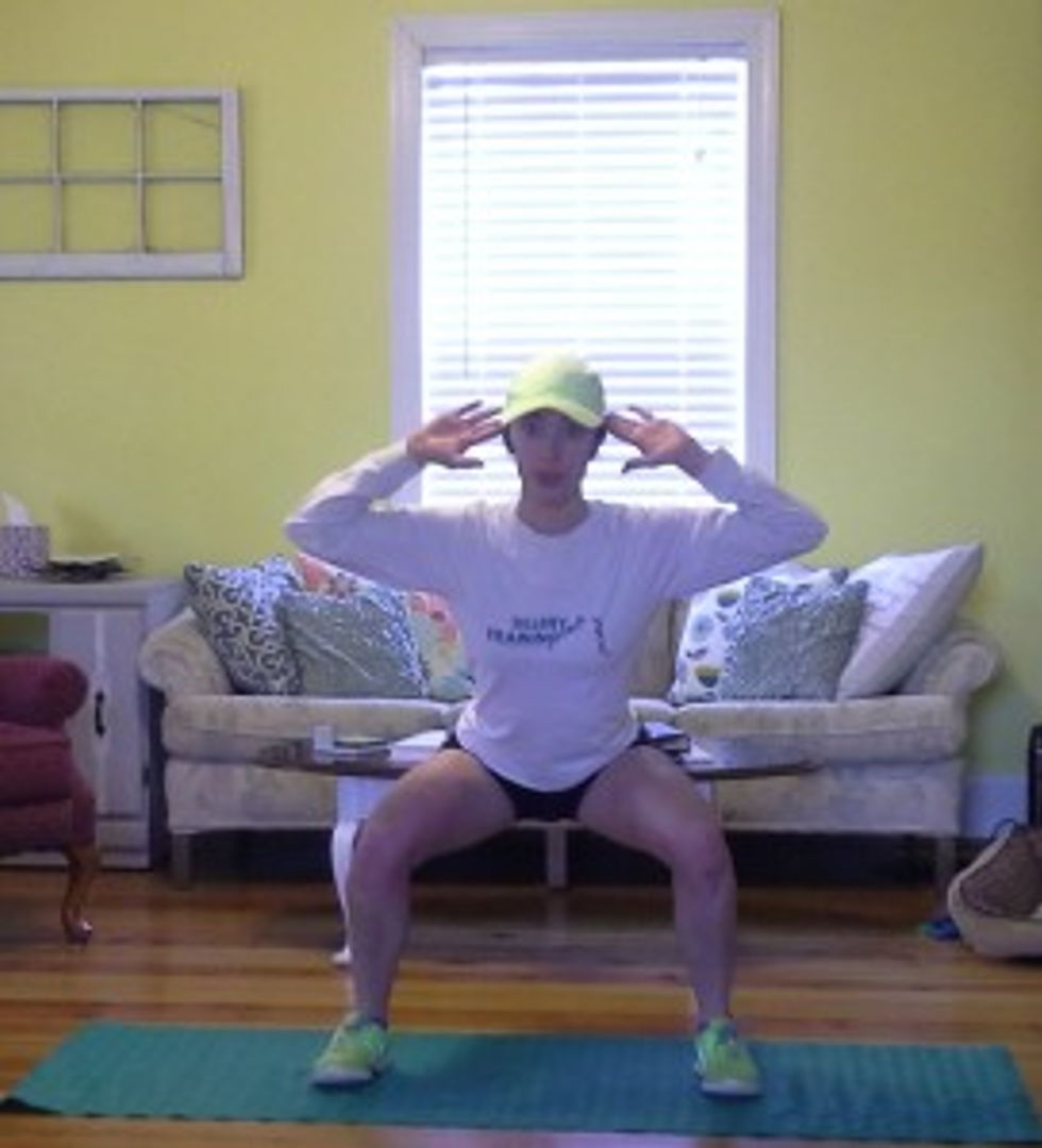 I like to keep my legs wider than hip width when starting squat jumps because it tends to help me land lighter on my feet and help with balance.
