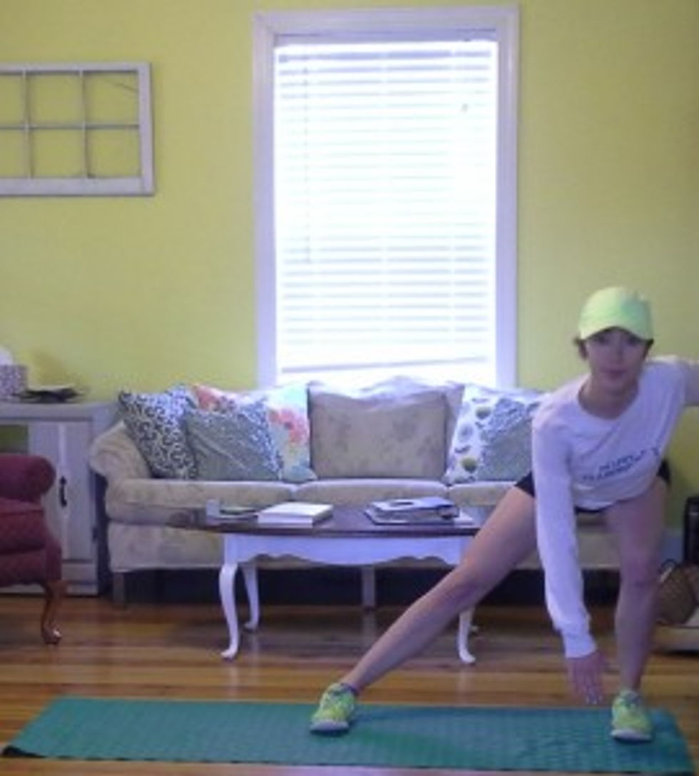 Start in the middle of your space (or mat, in my case) and step out to the side. Your inside leg stays straight while you shift your weight to your outside leg and bend into a squat on that leg. Keep your KNEE BEHIND YOUR TOES and your chest up.
