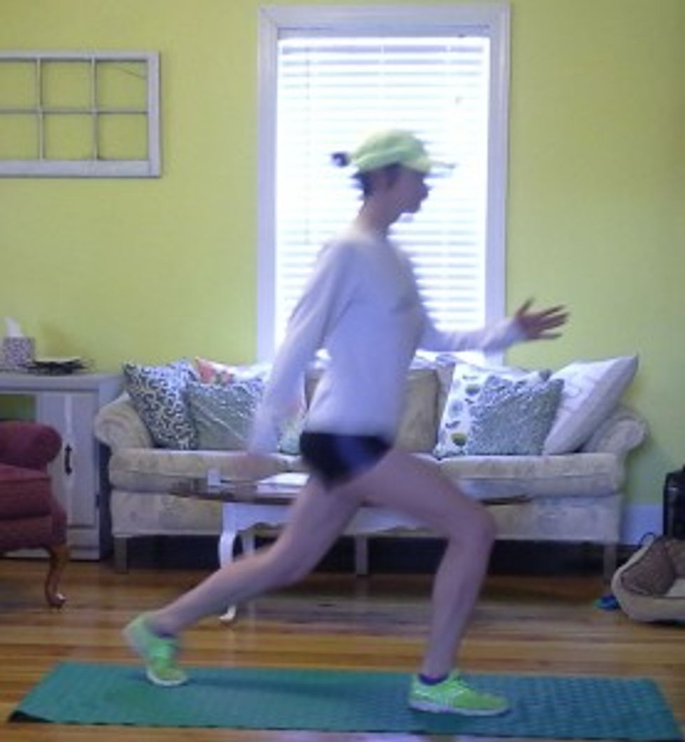 Push powerfully away from the ground with your front leg and either step your hind foot forward to trade feet (nonexplosive) or jump to trade feet.