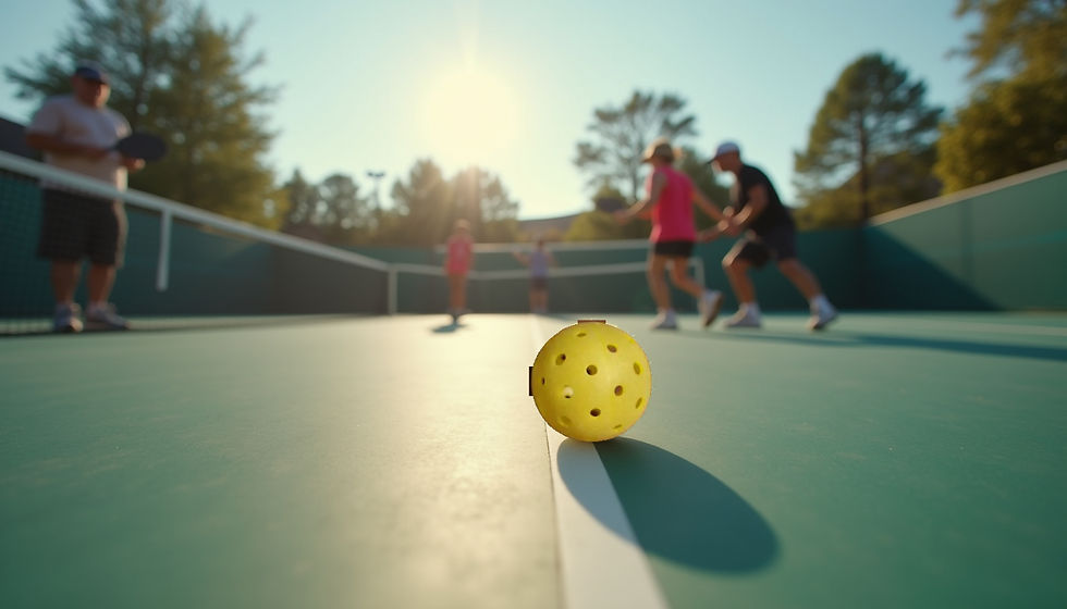 Eye-level view of a pickleball court with players in action
