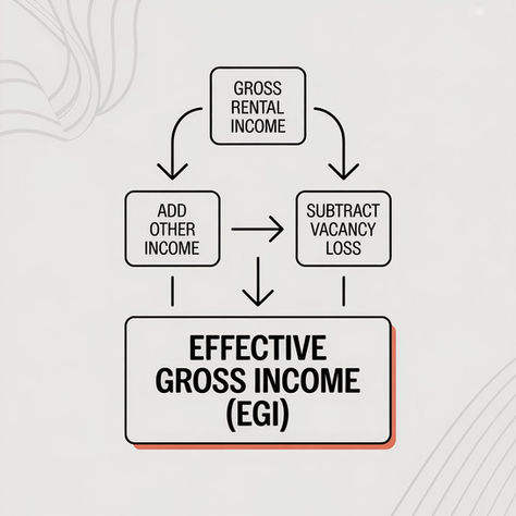 Diagram showing how to calculate Effective Gross Income by adjusting gross income for vacancy and other income.
