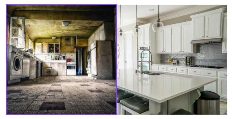 Side-by-side photos showing a dated kitchen vs. a newly renovated NYC kitchen.