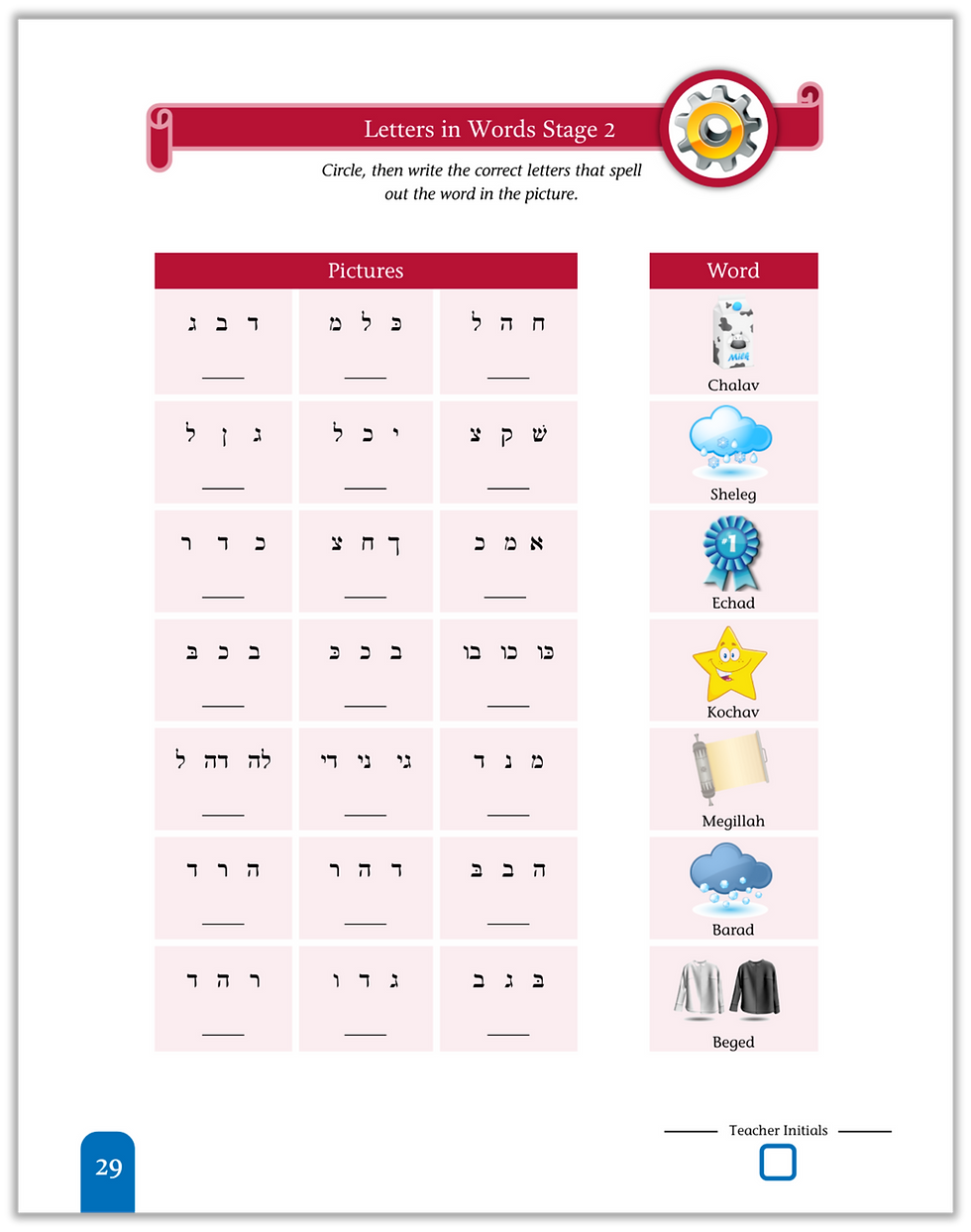 Thumbnail: Seder Kriah Hebrew School Stage 1 identifying letters and end letters within words using picture-word matching