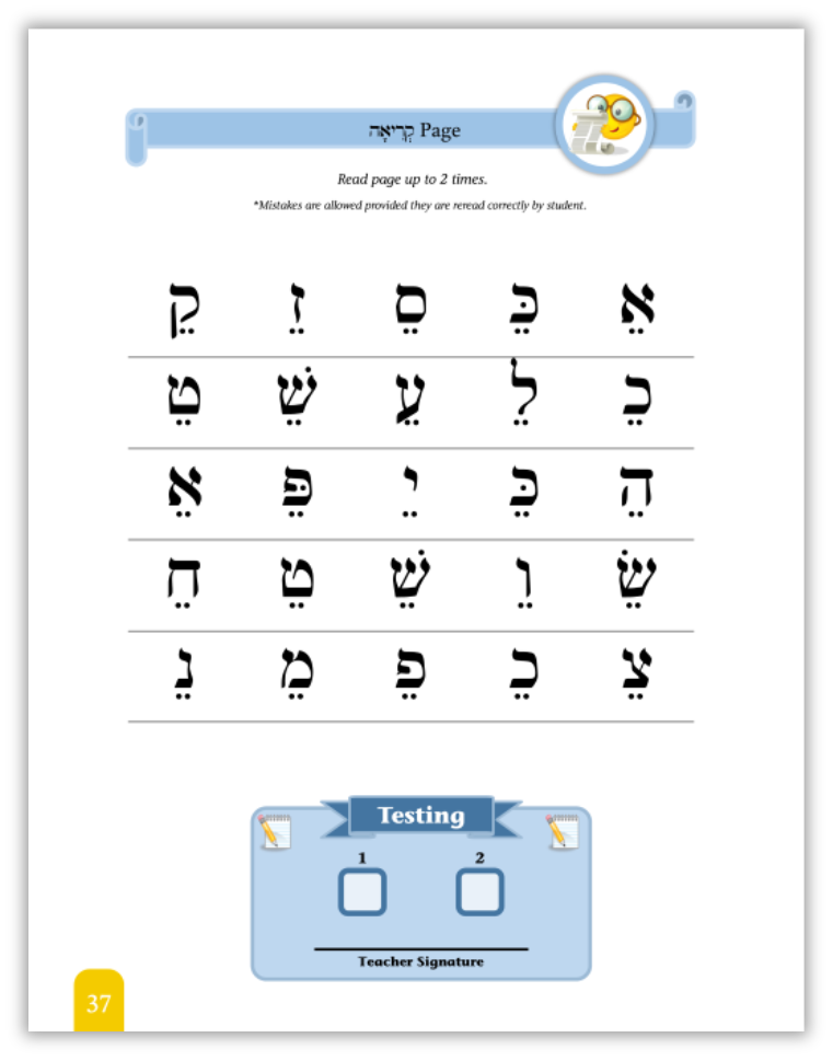 Thumbnail: Hebrew (Kriah) review page reinforcing letter and Nekudah recognition in Seder Kriah Stage 1 system