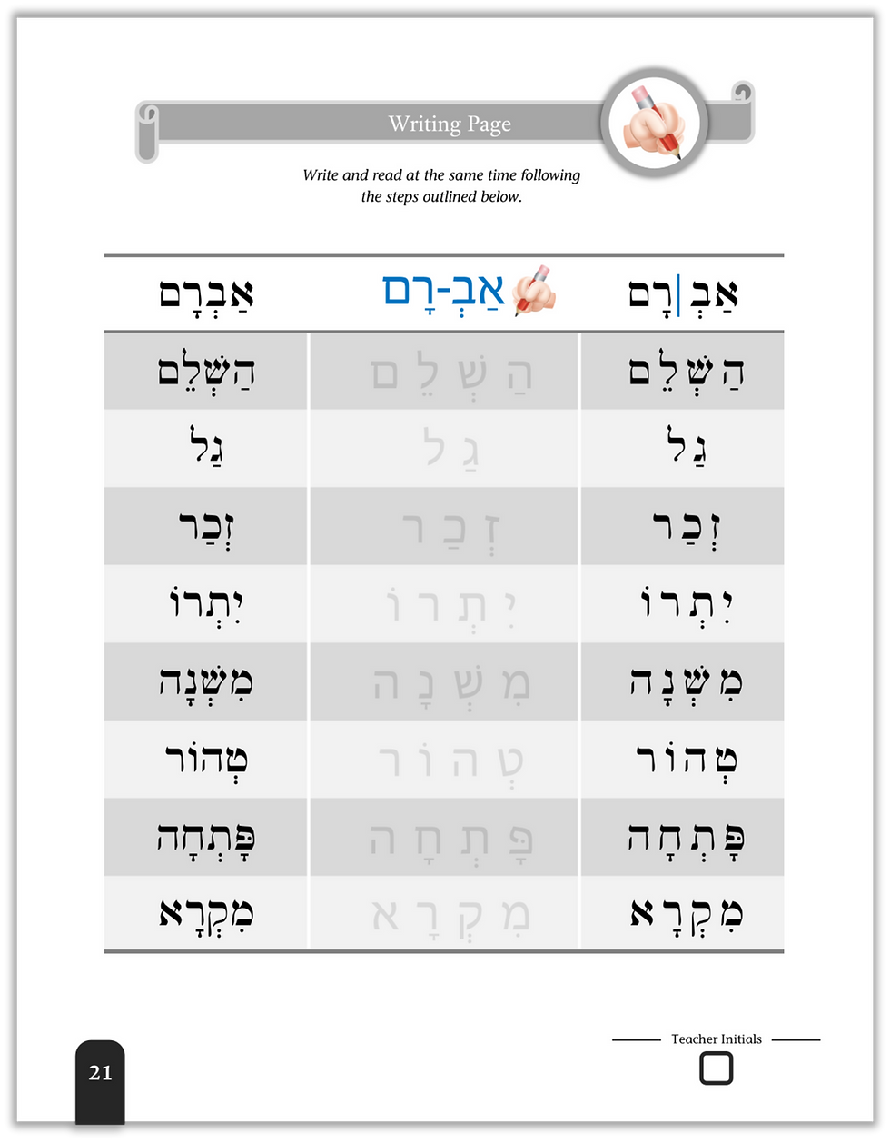Thumbnail: Kriah (Hebrew) writing practice page tracing rules of Sheva while reinforcing reading