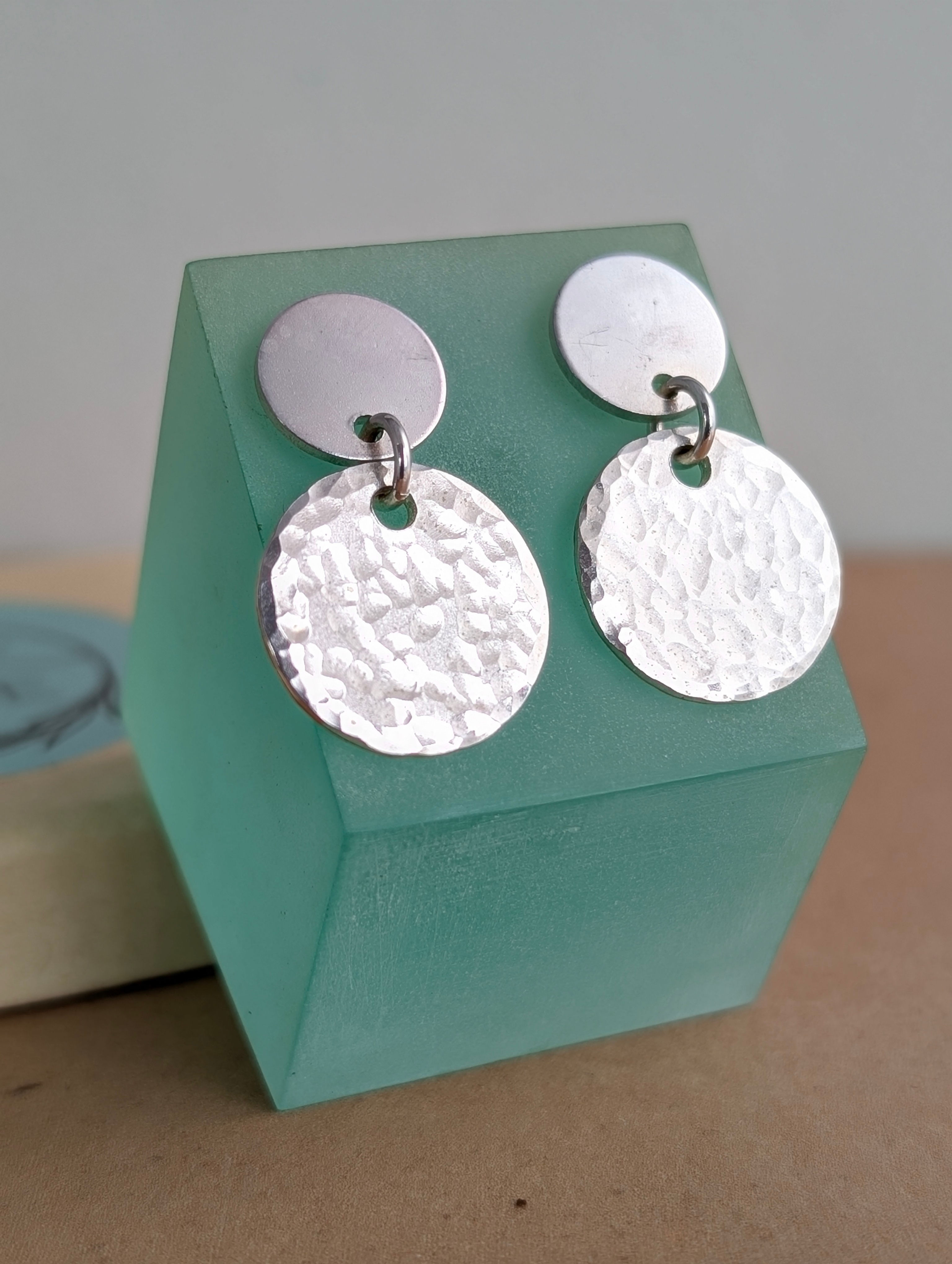 silver circle drop earrings with hammered discs