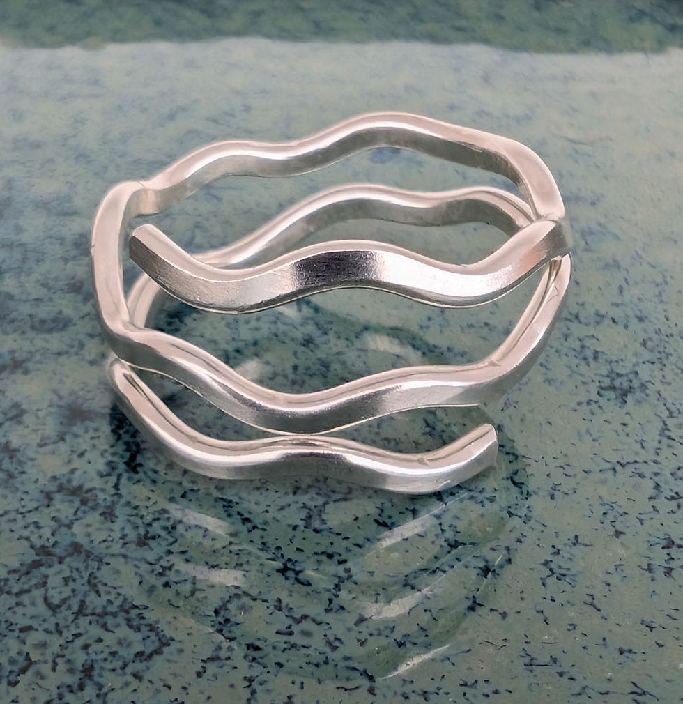 silver ring which wraps around twice and has bends in the wire like waves, all around it