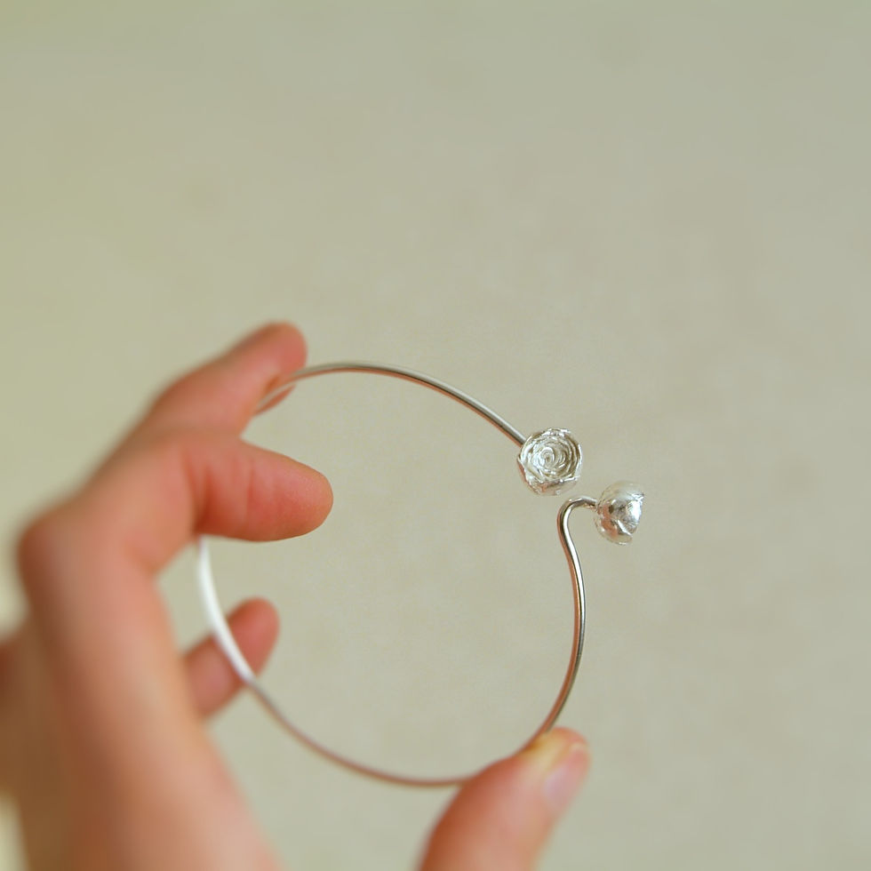 Thumbnail: Ladies Silver flower bangle, silver peony bangle, rock rose jewellery