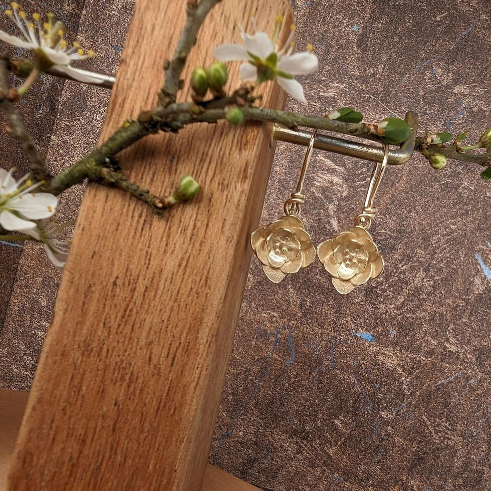 Thumbnail: gold flower drop earrings with layered petals by rock rose jewellery