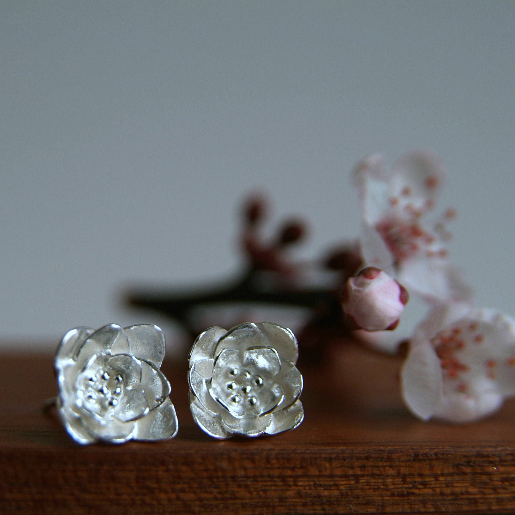 Silver Blossom Flower Studs Earrings with layered petals - rock rose jewellery