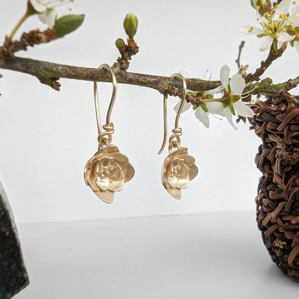 Thumbnail: gold flower drop earrings with layered petals by rock rose jewellery