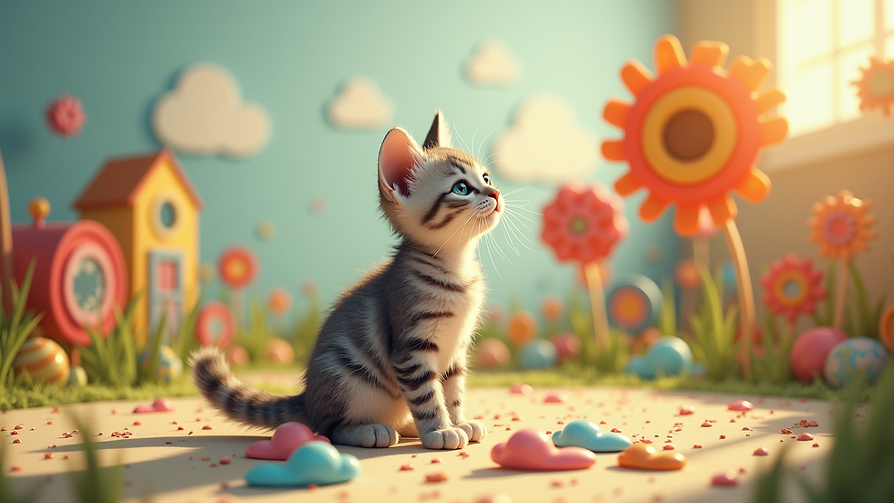 Close-up view of a colorful cat illustration showcasing a playful feline in a whimsical setting