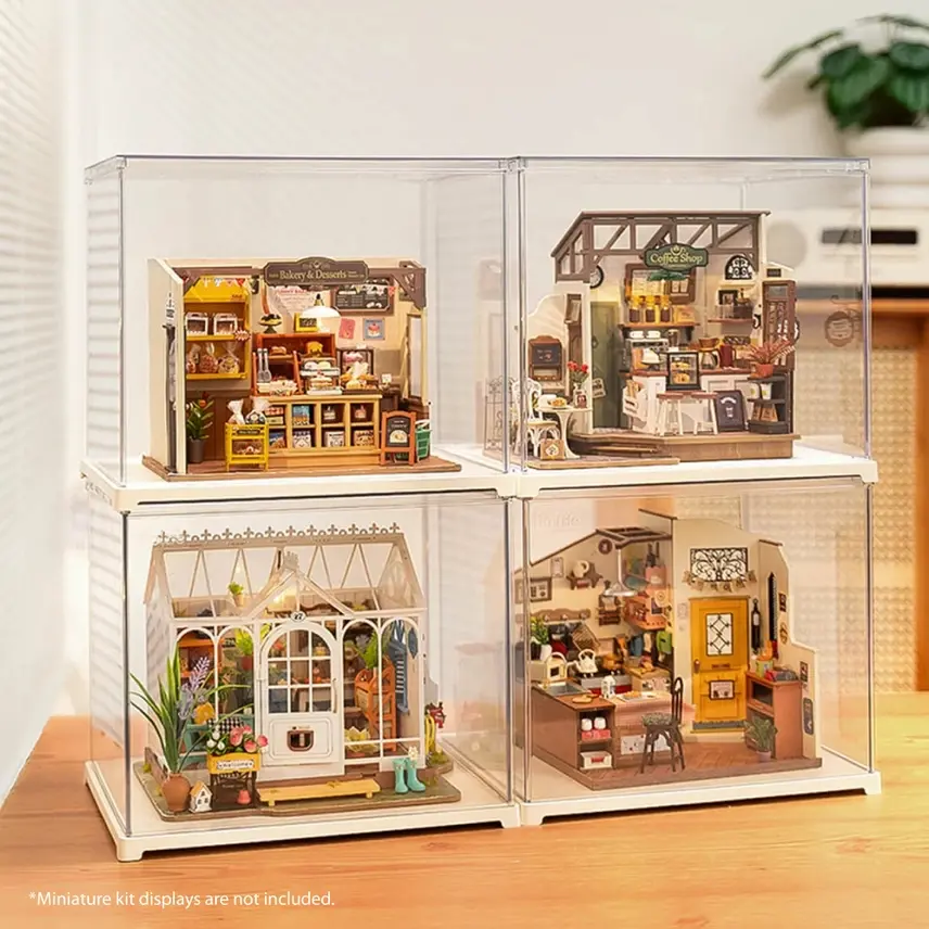 Thumbnail: four dust cover display cases each filled with a robotime miniature kit and stacked on each other