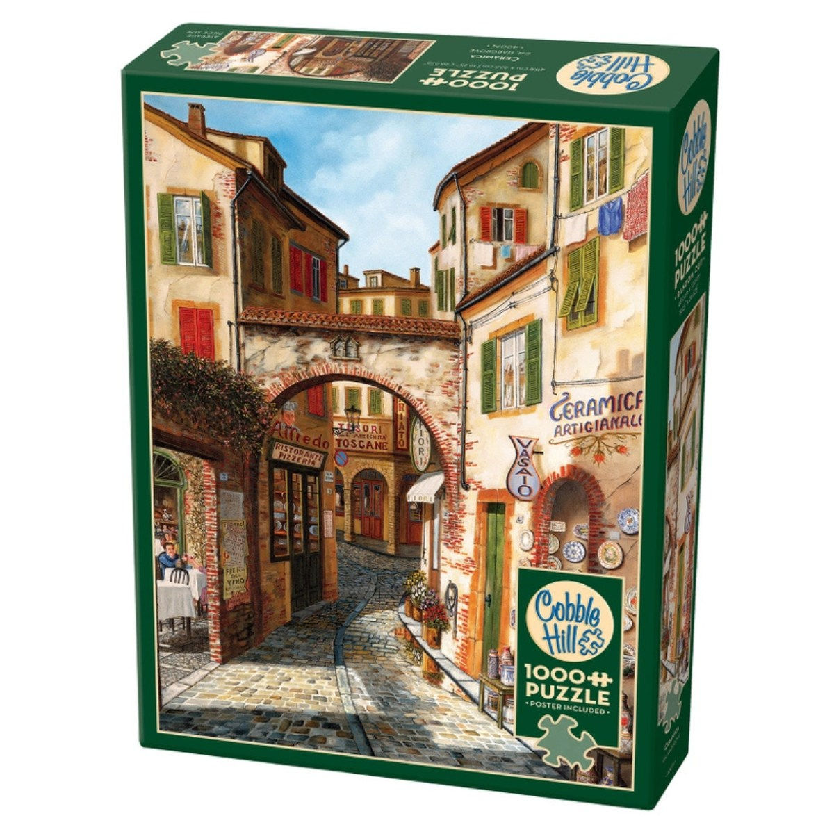 Box of 1000 piece ceramica jigsaw puzzle of a tuscan cobblestone street outside a ceramic store and pizzaria