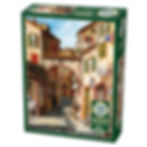 Box of 1000 piece ceramica jigsaw puzzle of a tuscan cobblestone street outside a ceramic store and pizzaria